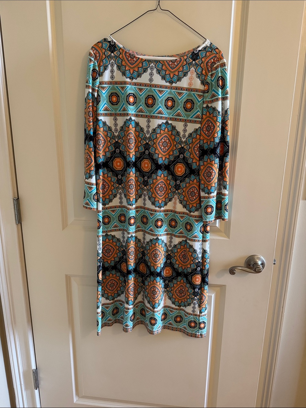 London Times Turquoise & Orange Geometric Midi Dress. Size-10. Good condition